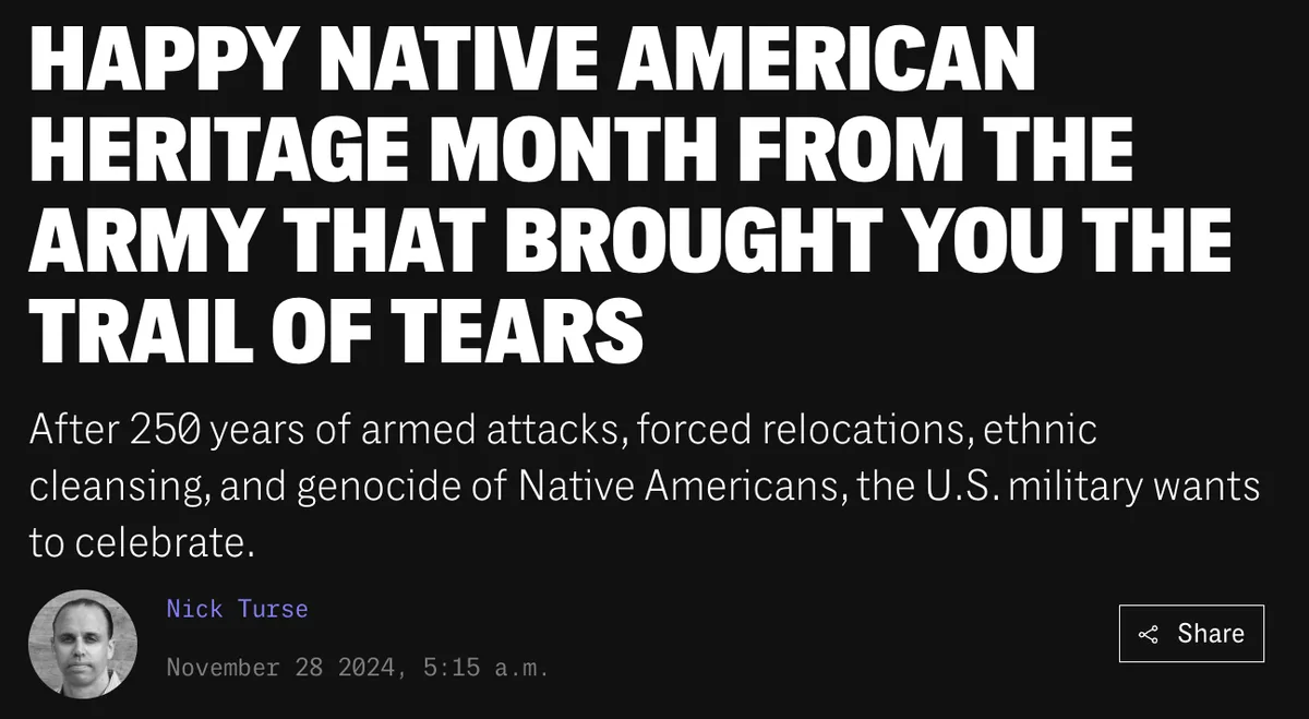 A black-background image mimicking a social media post with large white text reading 'HAPPY NATIVE AMERICAN HERITAGE MONTH…