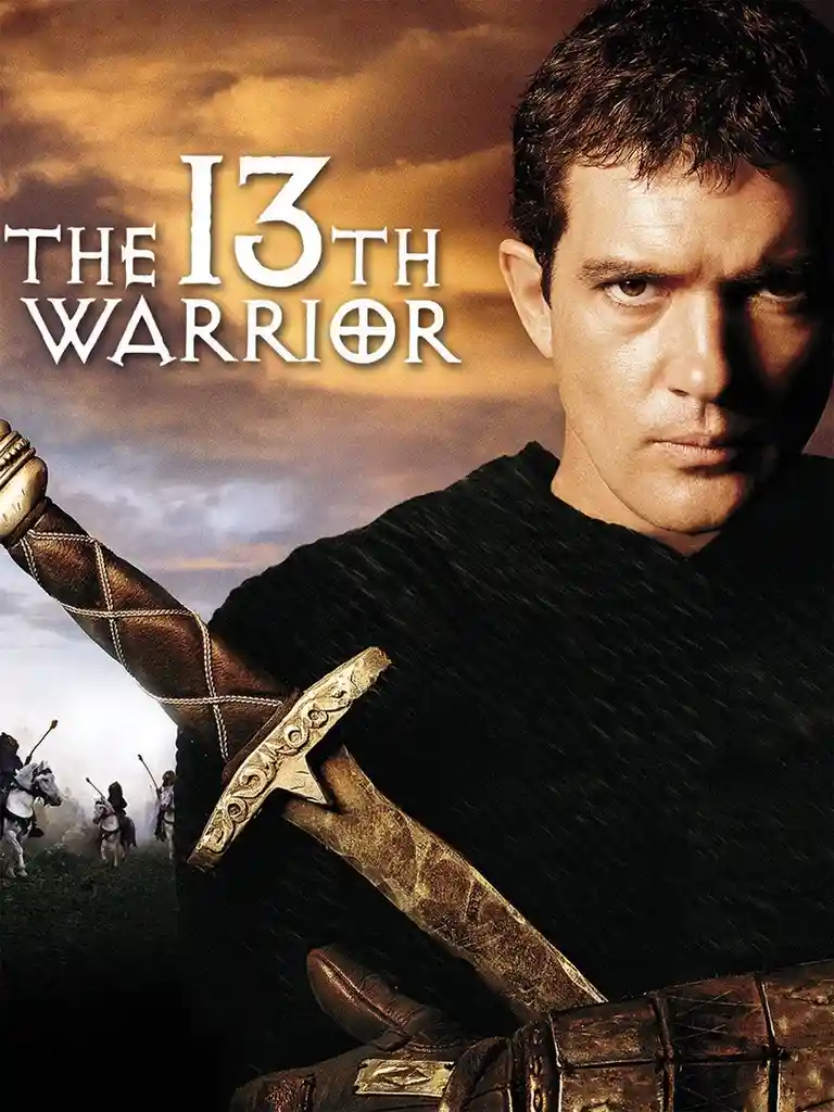 A movie poster for 'The 13th Warrior' shows a man in dark medieval clothing holding a sword, with a dramatic sky and distant…