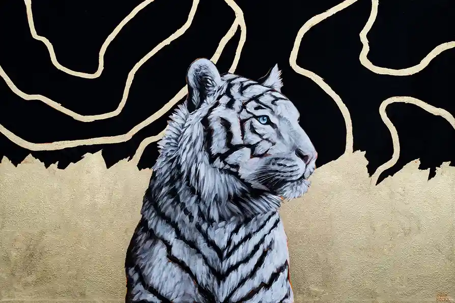 A stylized painting of a white tiger with blue eyes, shown in profile against a black and gold background. The tiger's fur…