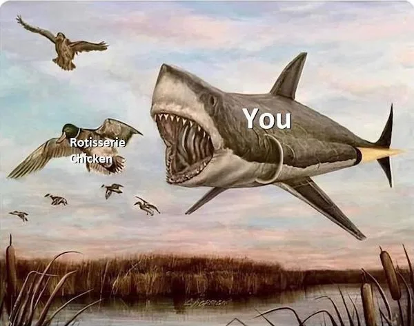 A surreal painting depicts a shark with airplane wings and a jet engine, labeled 'You,' flying through the sky while…
