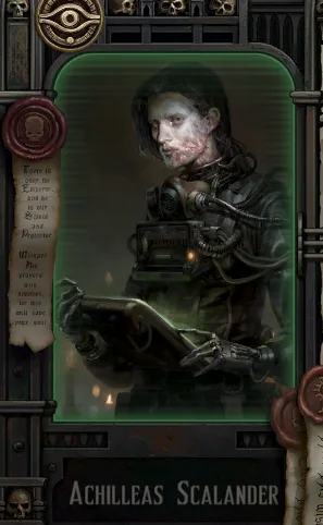 A dark, steampunk-style portrait of a man with pale skin and dark hair, wearing a gas mask and holding a large, ornate book…