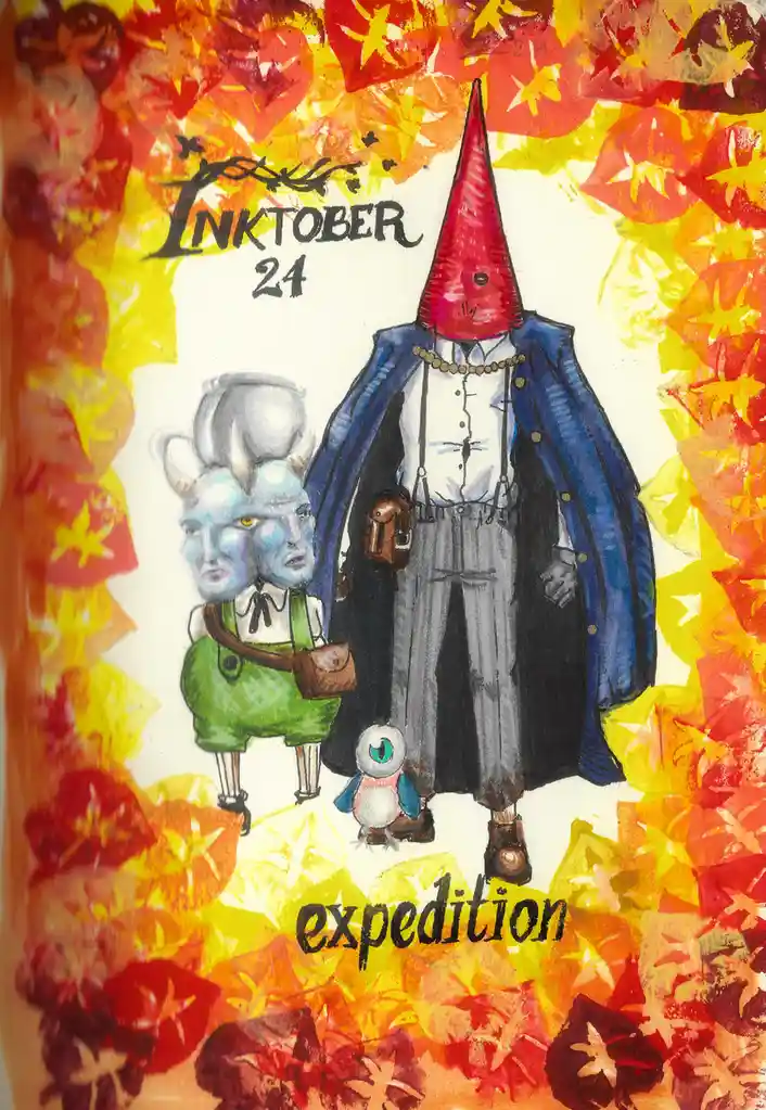 A hand-drawn illustration features two stylized characters: a tall figure in a blue coat and red cone-shaped hat, and a…