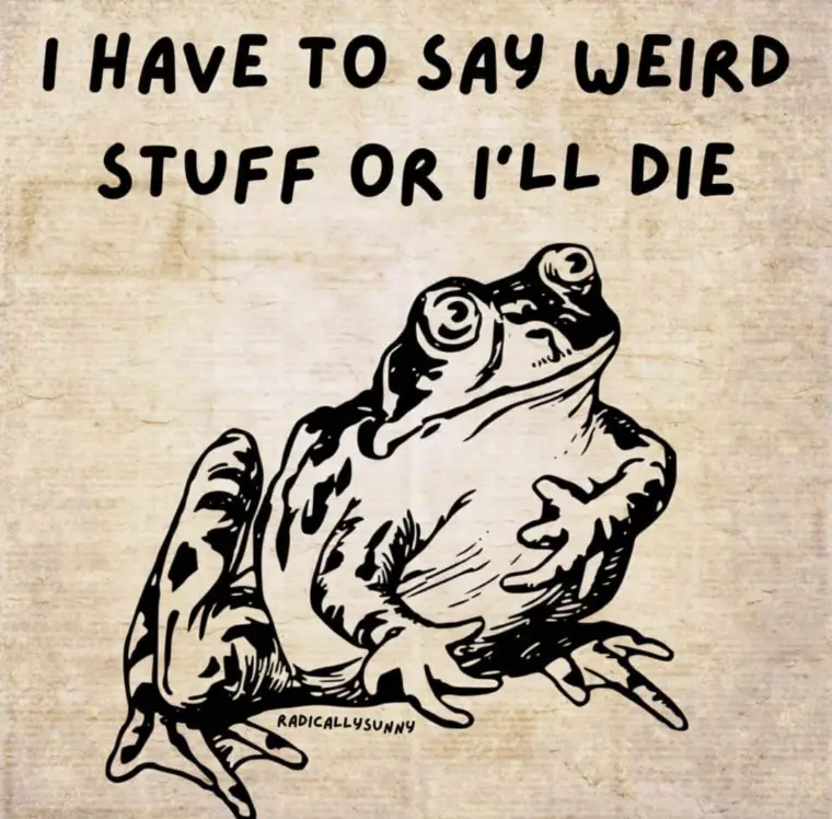 A black-and-white line drawing of a frog sitting upright on a textured beige background, with the text 'I HAVE TO SAY WEIRD…