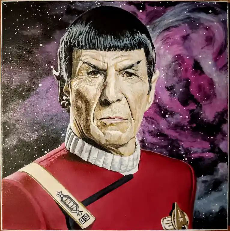 A painted portrait of the Star Trek character Spock, depicted with his characteristic pointed ears, dark hair, and stern…