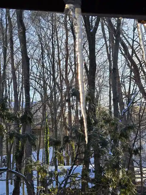 A close-up photo shows a long, clear icicle hanging from a dark roof edge against a backdrop of bare winter trees and…