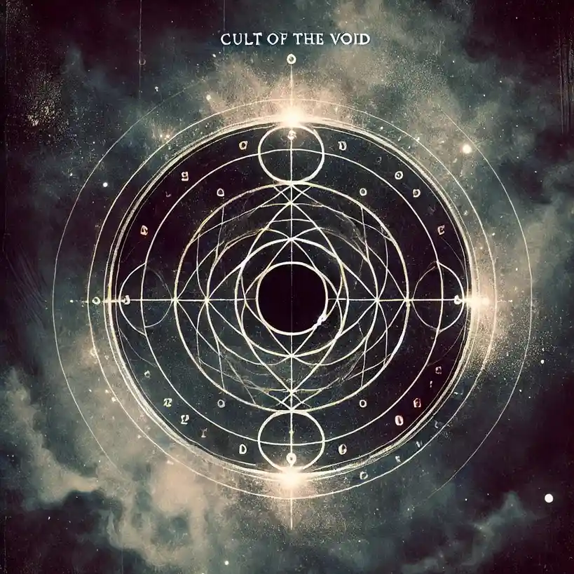 An image of a complex, glowing geometric sigil with concentric circles and intersecting lines set against a dark, starry…
