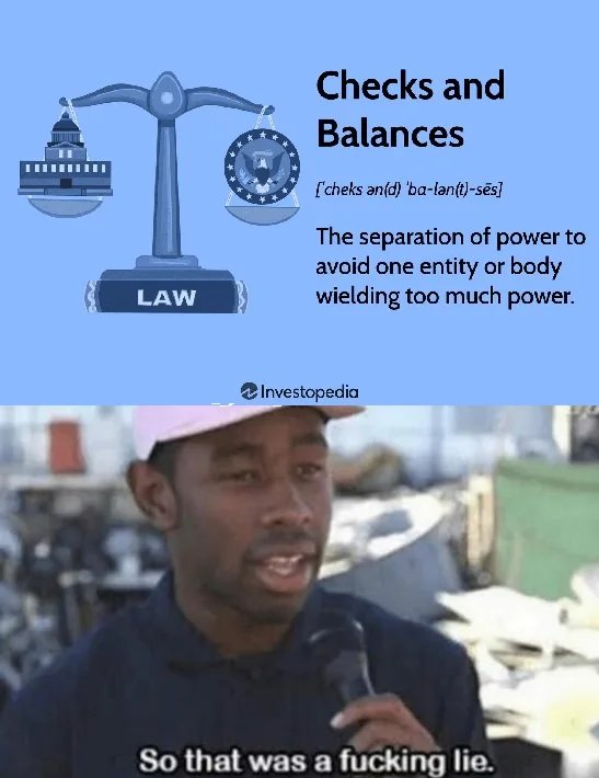 The top half shows a diagram of a scale labeled 'LAW' with one side holding a Capitol building and the other a presidential…