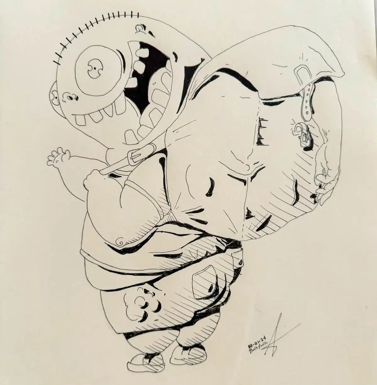 A black-and-white line drawing shows a large, muscular man in a martial arts gi with a stitched-up, monstrous baby on his…