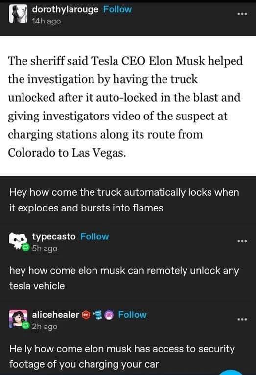 A screenshot of a social media thread where users question how Elon Musk could remotely unlock a Tesla truck after it…