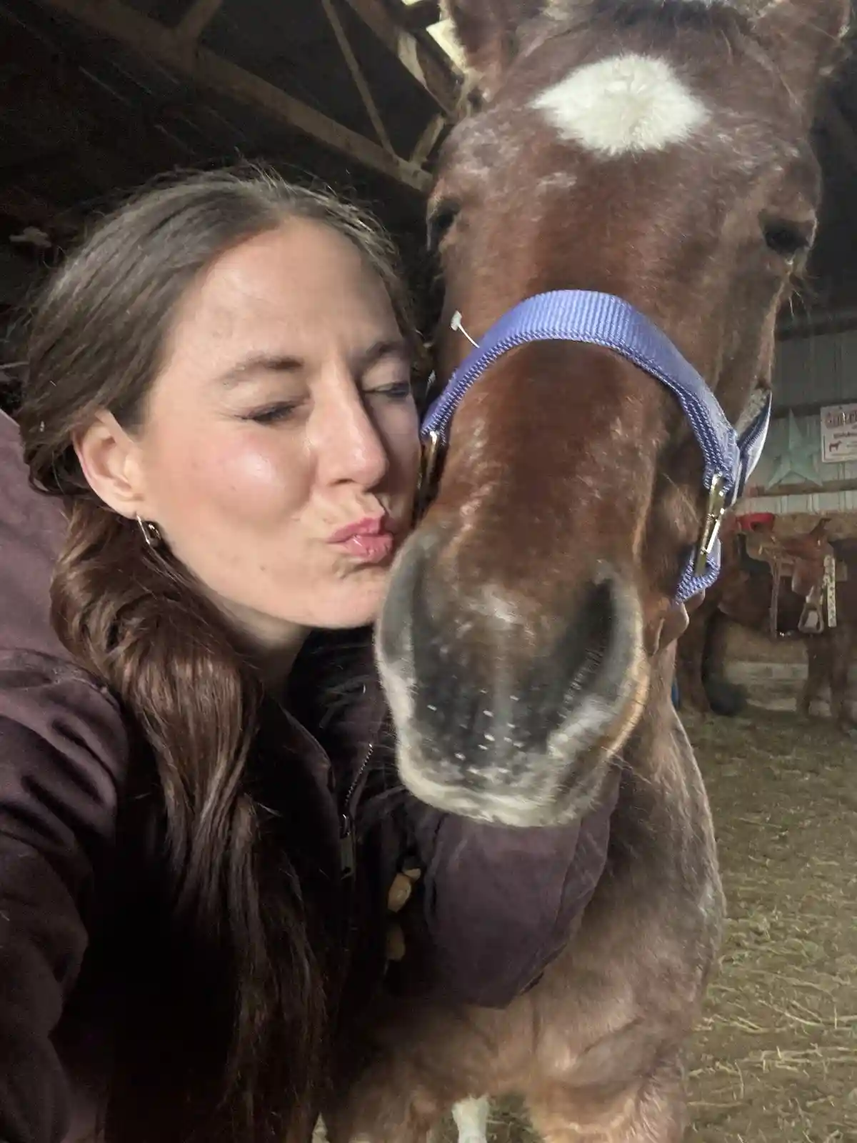 A woman with long brown hair and a purple jacket is taking a selfie in a barn, puckering her lips to kiss a brown horse with…