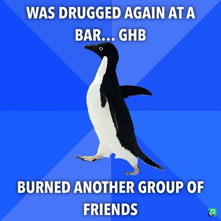 A black-and-white penguin stands against a blue background with diagonal lines. White text at the top reads 'WAS DRUGGED…