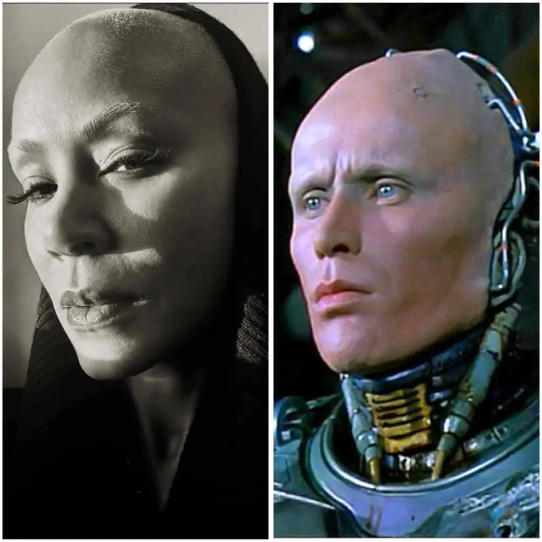 The image is a side-by-side comparison: on the left, a black-and-white portrait of a bald woman with serene, closed eyes and…