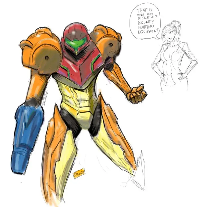 A colored sketch of Samus Aran in her Power Suit, with a separate black-and-white sketch of a woman in a revealing outfit…