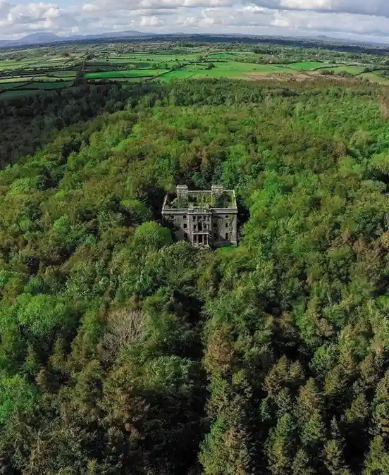 An aerial view shows a dilapidated stone mansion partially engulfed by a dense green forest, with rolling farmland and…