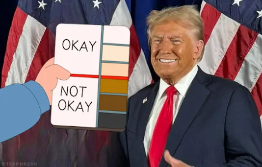 A smiling Donald Trump stands in front of American flags, while a cartoon hand holds up a color-coded chart. The chart has…