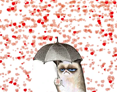 The image shows six identical panels of the Grumpy Cat holding an umbrella against a background of falling red hearts. The…