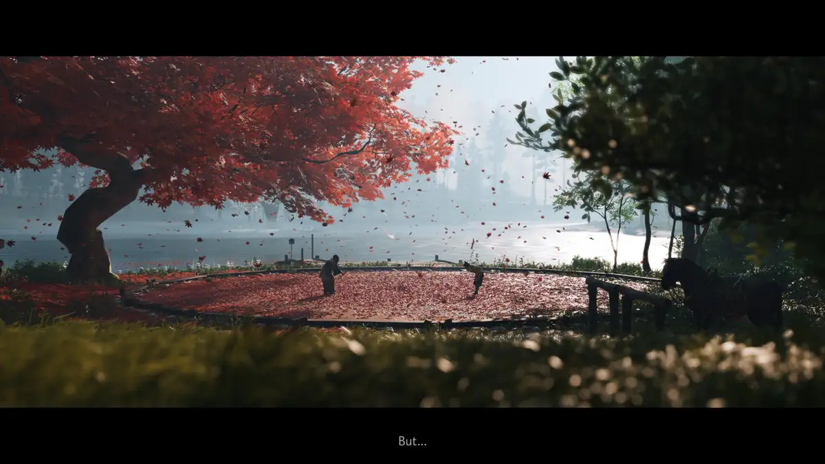 A serene, cinematic scene from a video game shows two figures in traditional attire standing on a wooden platform covered in…