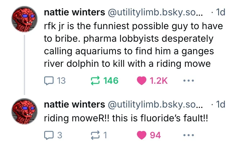 The image shows two consecutive tweets from a user named 'nattie winters' with a red, pixelated skull profile picture. The…
