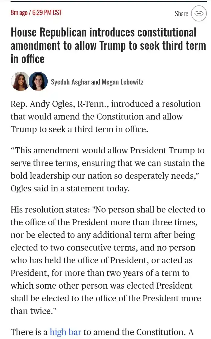 A screenshot of a news article headline stating 'House Republican introduces constitutional amendment to allow Trump to seek…