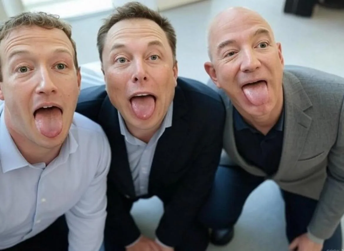 Three men, identified as Mark Zuckerberg, Elon Musk, and Jeff Bezos, are crouched close together in a selfie-style photo…