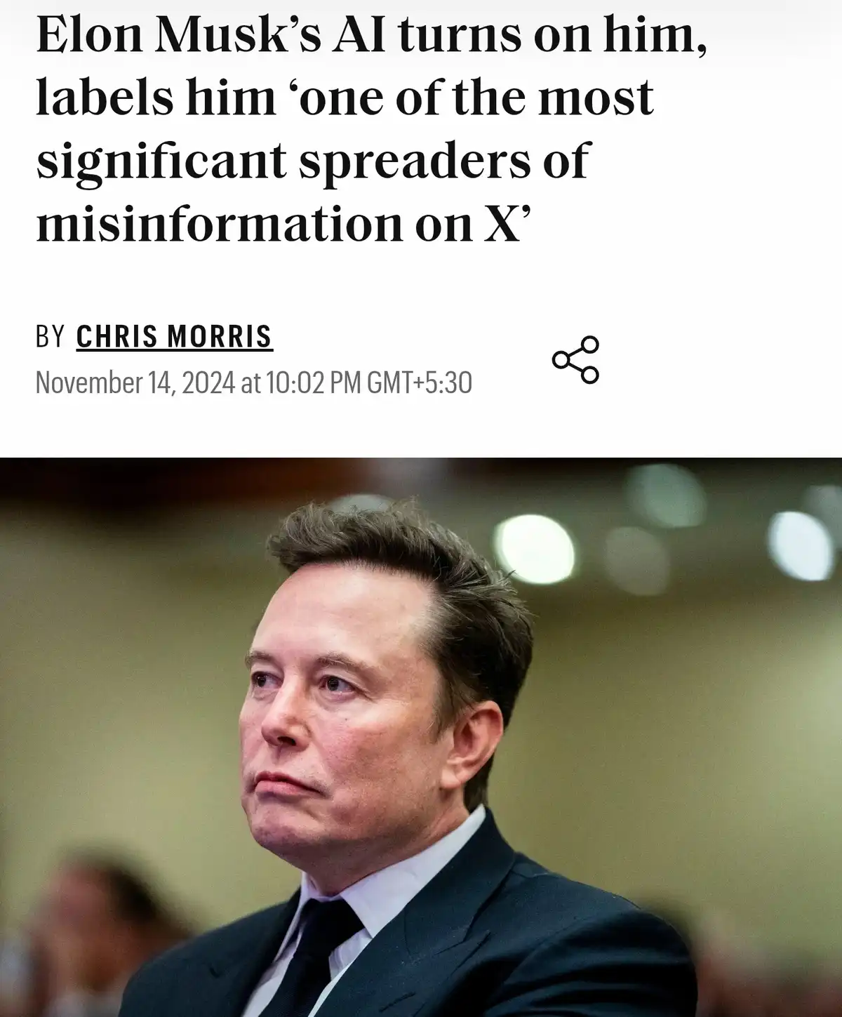 The image shows a news article headline stating 'Elon Musk's AI turns on him, labels him 'one of the most significant…