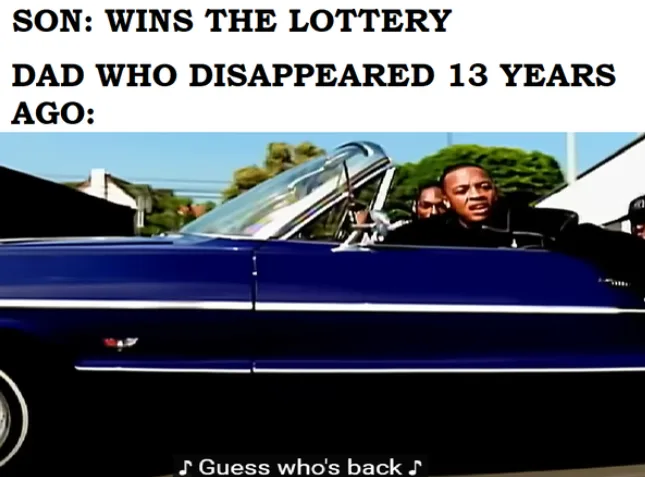 A man in a black hoodie sits in the driver's seat of a blue convertible, looking surprised or excited, with another man…