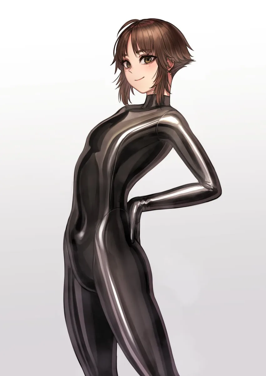 An anime-style illustration of a young woman with short brown hair and a gentle smile, shown in profile with one hand on her…