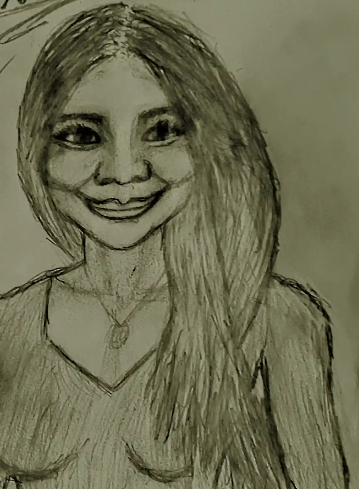 A hand-drawn pencil sketch of a smiling woman with long hair and a V-neck top, overlaid with the text 'i drew my girlfriend…