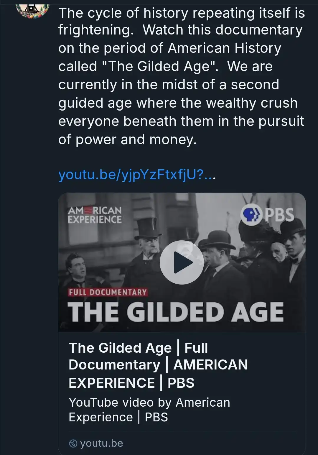 A screenshot of a social media post featuring a YouTube video thumbnail for PBS's 'American Experience' documentary 'The…