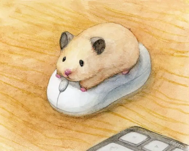 A watercolor illustration shows a small, light-brown hamster with dark ears and pink paws curled up and resting on top of a…