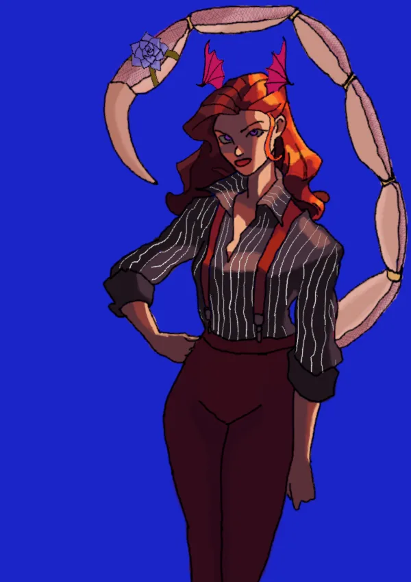 An illustrated woman with red hair, small red horns, and a scorpion tail arched over her head, wearing a striped shirt and…