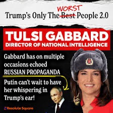 A meme image features Tulsi Gabbard smiling while wearing a Russian-style fur hat, with a small inset photo of Donald Trump…