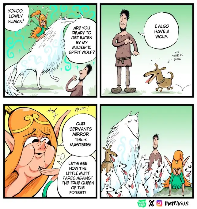 A four-panel comic strip shows a fantasy elf queen on a majestic white spirit wolf confronting a human. The human reveals he…