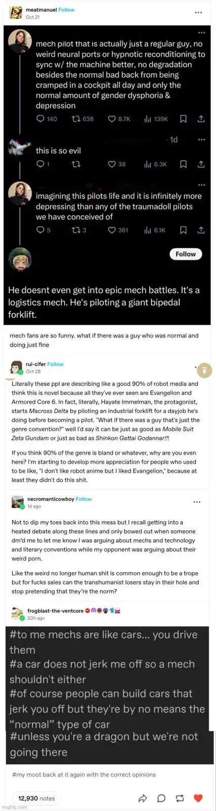 A screenshot of a social media thread where users discuss how a mech pilot in 'Macross Delta' is just a regular guy piloting…