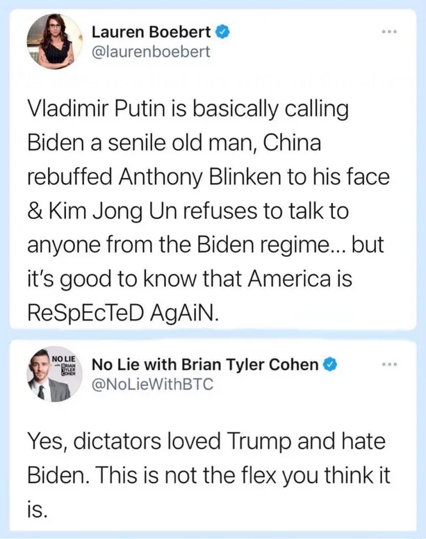 The image displays two Twitter posts. The top post by Lauren Boebert claims that global leaders are rejecting the Biden…