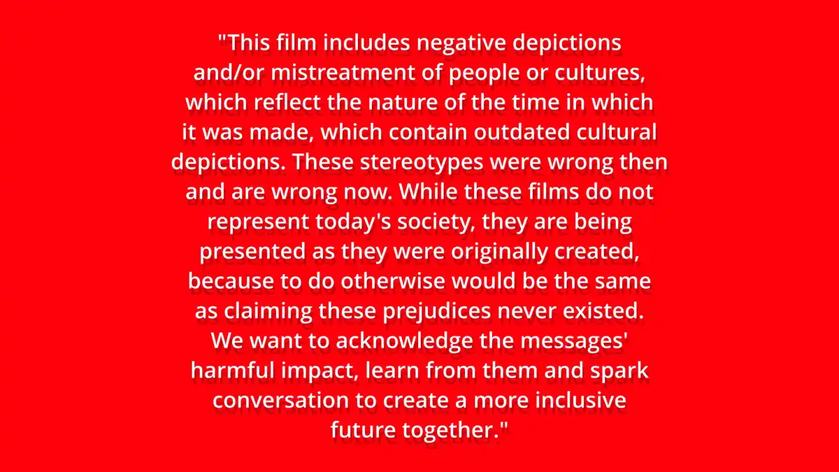A solid red background features large white text that is a standard disclaimer from streaming services about historical…