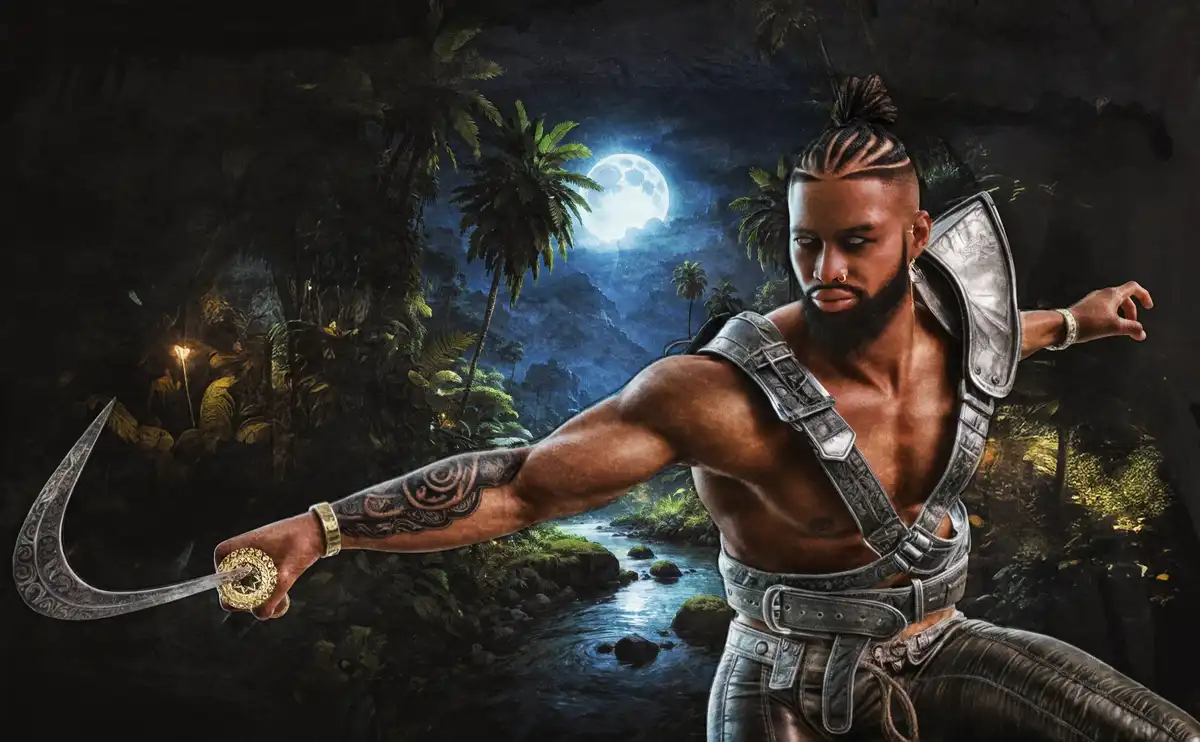 A muscular man with braided hair and a beard, wearing ornate silver armor and jeans, holds a curved scimitar in a jungle…