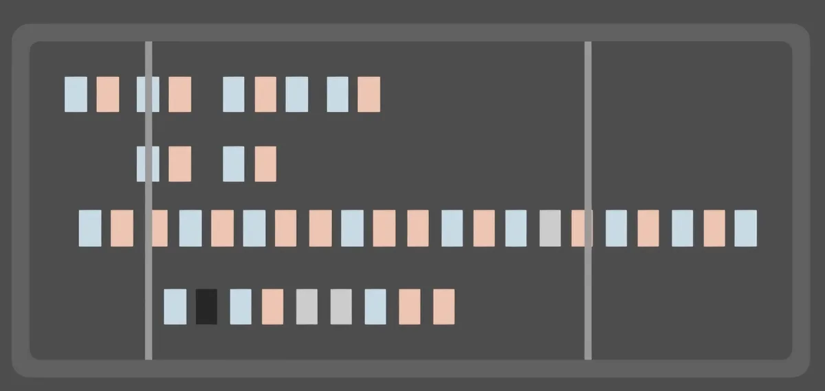 A minimalist illustration of a computer keyboard with rectangular keys in light blue, peach, and gray arranged in rows…