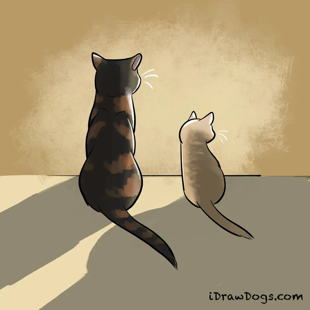 Two cats, one dark tabby and one light cream, are shown from behind sitting side-by-side on a surface, both facing forward…