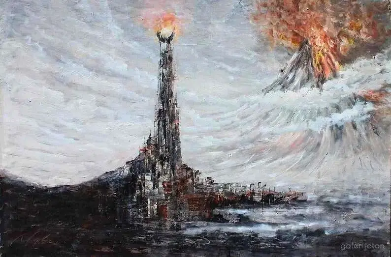A dark, painterly image depicts a tall, crumbling tower with a glowing orb at its peak, set against a stormy sky with a…