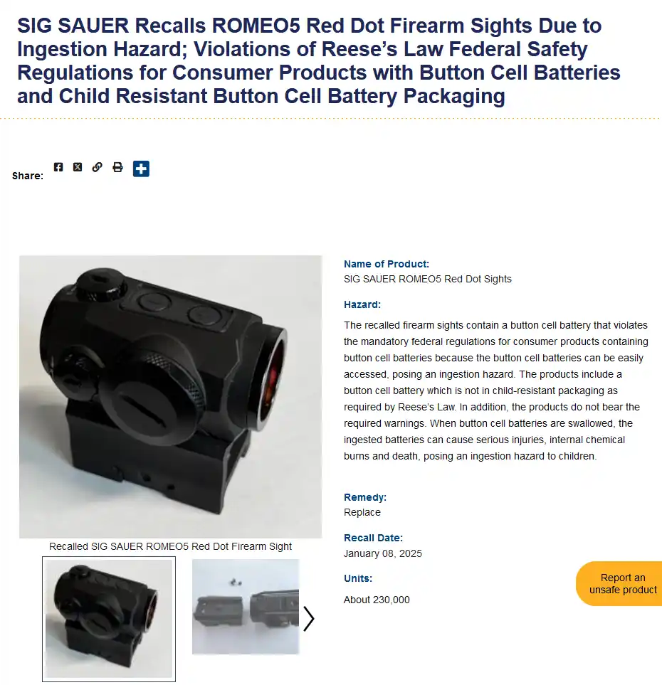 A screenshot of a recall notice from SIG SAUER detailing a recall of ROMEO5 Red Dot Sights due to an ingestion hazard from…