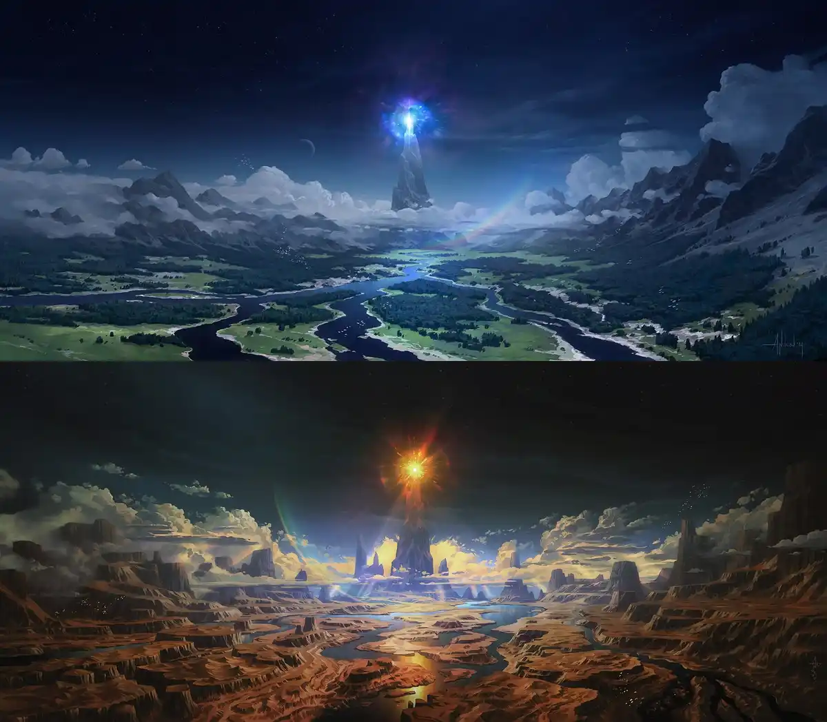 The image is split into two halves. The top half shows a serene, green valley with a glowing blue tower under a starry night…