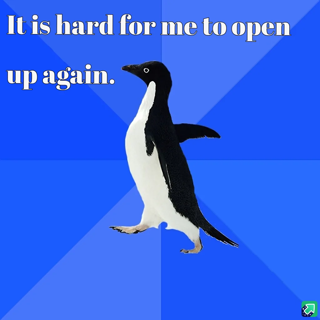 A black-and-white penguin stands against a blue background with diagonal stripes, looking slightly away. The text overlaid…