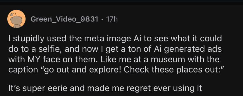 A screenshot of a Reddit post by user Green_Video_9831, showing their text describing how they used Meta's image AI on a…