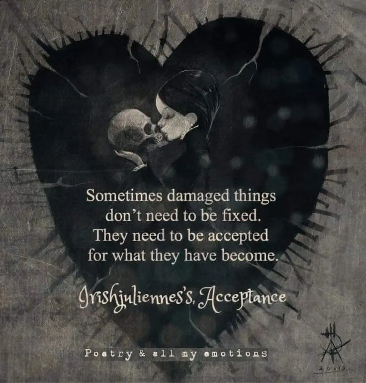 A dark, textured image shows a woman with dark hair kissing a skull within a cracked, black heart shape. Overlaid white text…