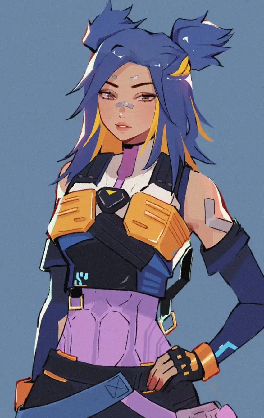 An anime-style illustration of a female character with blue and yellow hair in twin buns, wearing a futuristic outfit with…