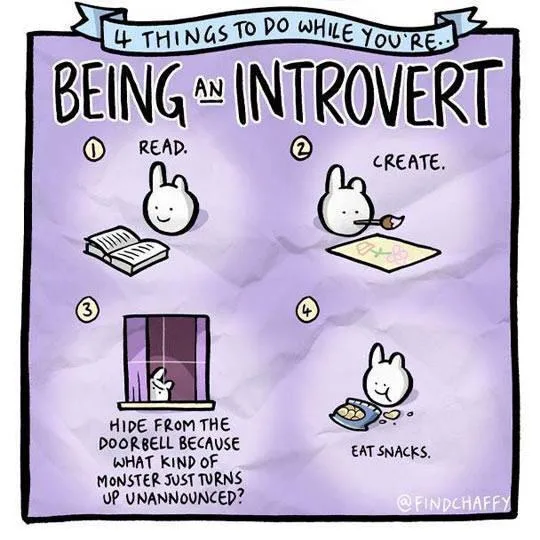 A purple crumpled paper illustration lists four activities for introverts: reading, creating, hiding from doorbells due to…