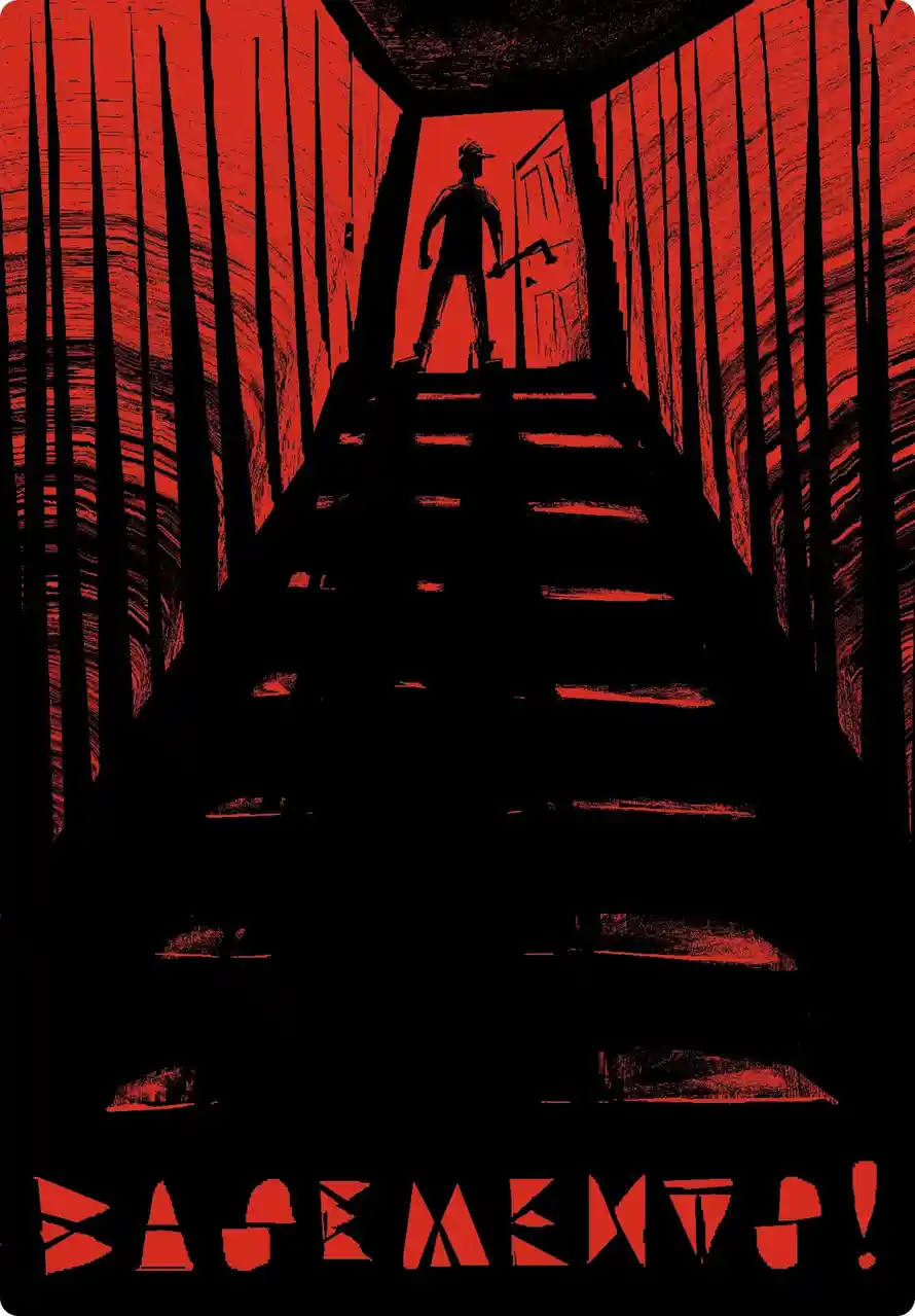 A red-and-black graphic depicts a silhouetted figure holding an axe at the top of a staircase in a narrow, ominous hallway…
