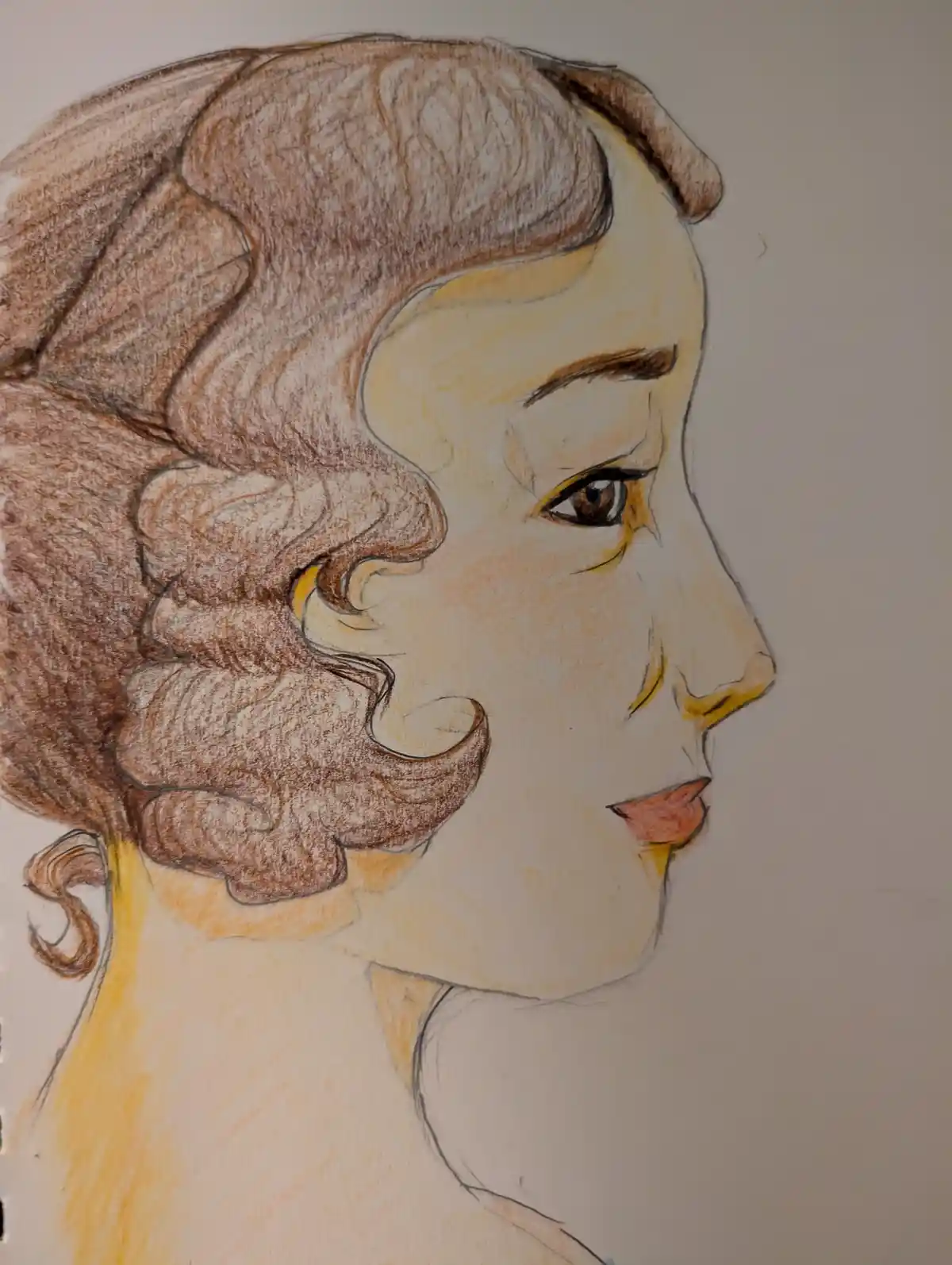 A colored pencil drawing shows a woman's profile with brown, curled hair. The overlaid text reads 'i drew my girlfriend and…
