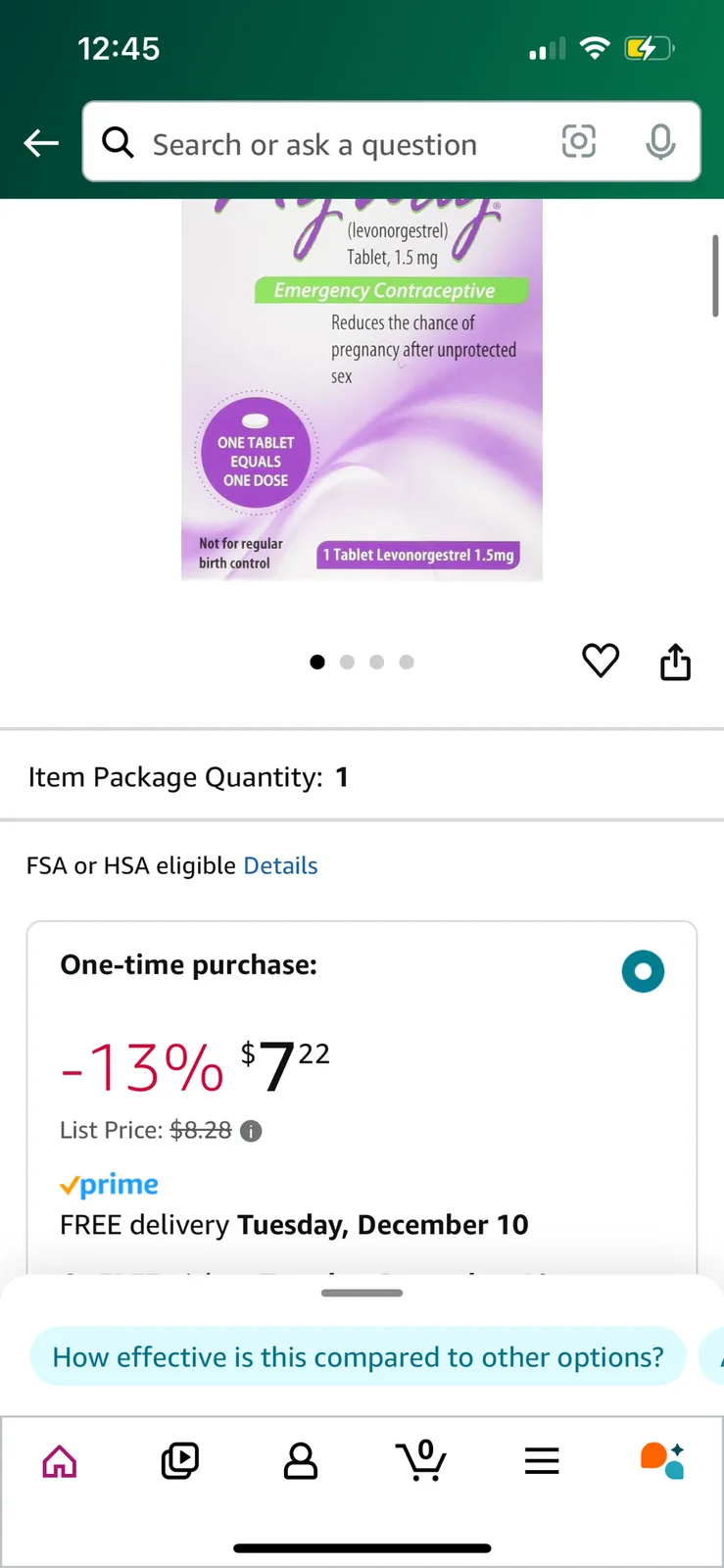 A screenshot of an Amazon product page for Plan B emergency contraceptive, showing the price at $7.22 with a 13% discount…
